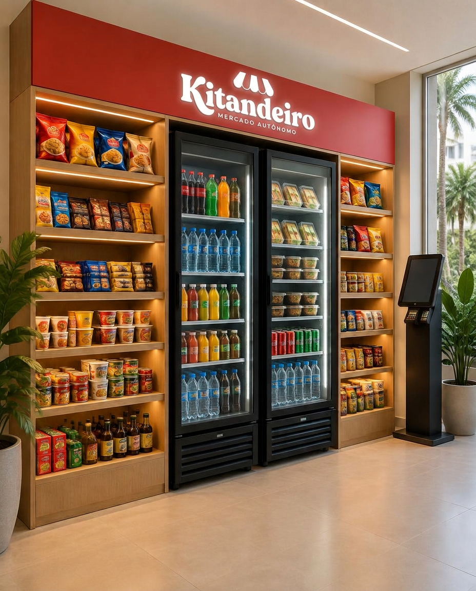 Visualização do projeto arquitetônico do Kitandeiro: mercado autônomo compacto com letreiro Kitandeiro, duas geladeiras e prateleiras repletas de produtos embalados no hall de um condomínio